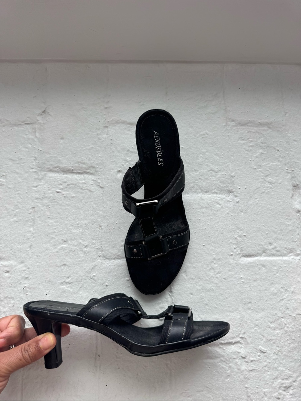 AEROSOLES Black Strappy Mid Heel Slide Sandals